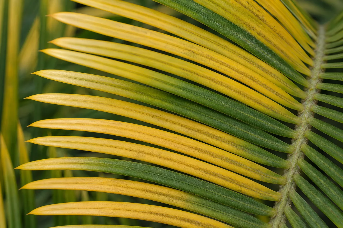 Close-up of Yellow Leaves on Sago Palm - diagnostic detail