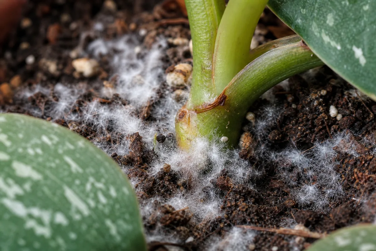 Close-up of Mold on Soil on Satin Philodendron - diagnostic detail