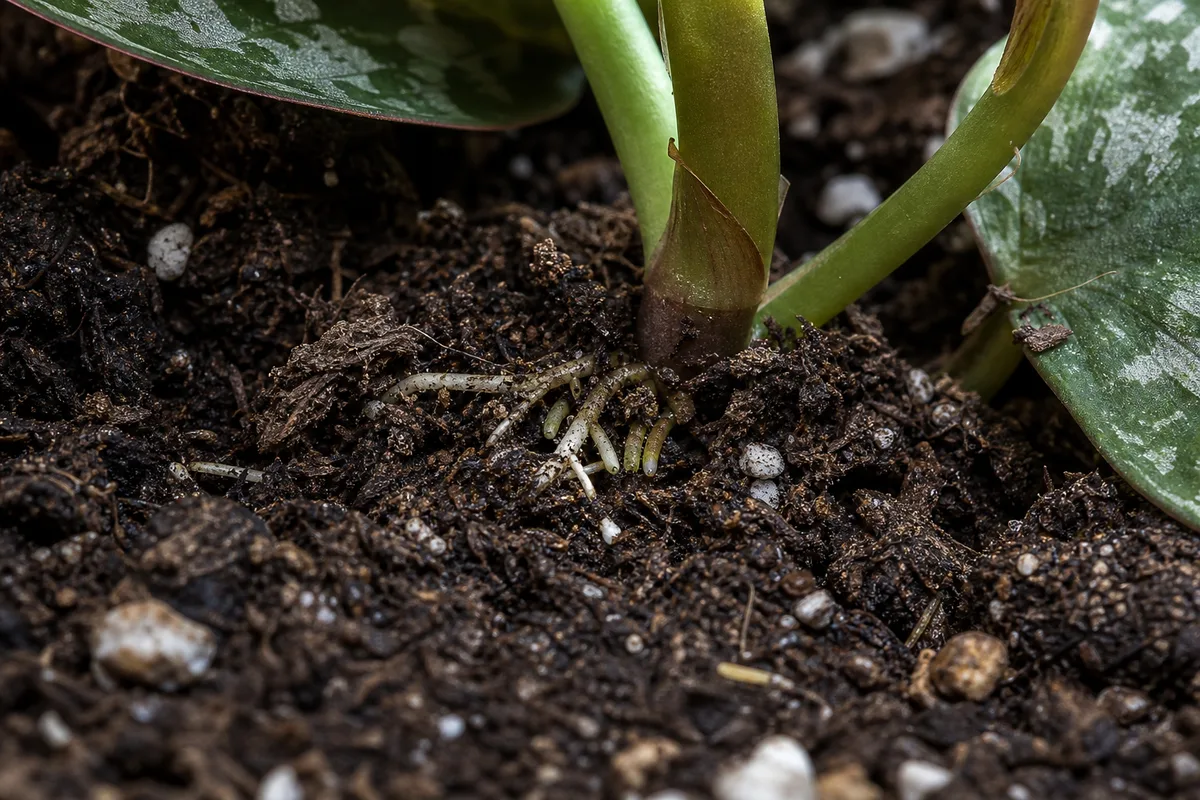 Close-up of Poor Root Growth on Satin Philodendron - diagnostic detail