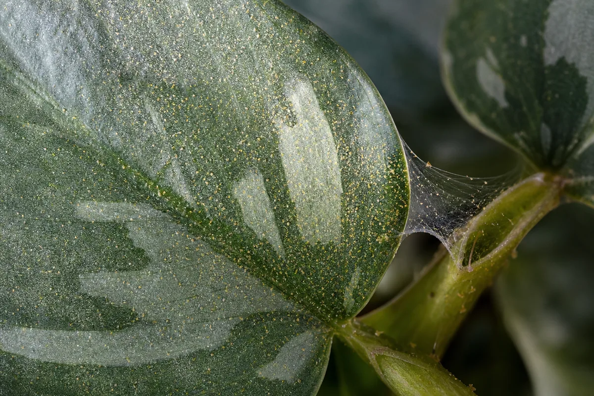 Close-up of Spider Mites on Satin Philodendron - diagnostic detail