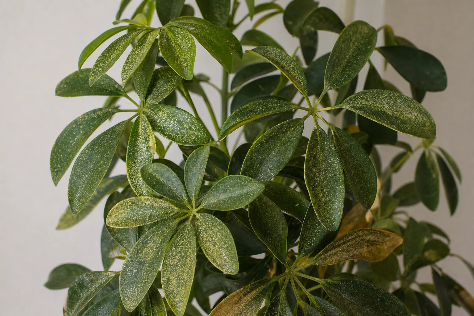 Spider Mites on Schefflera - visible symptom on the plant