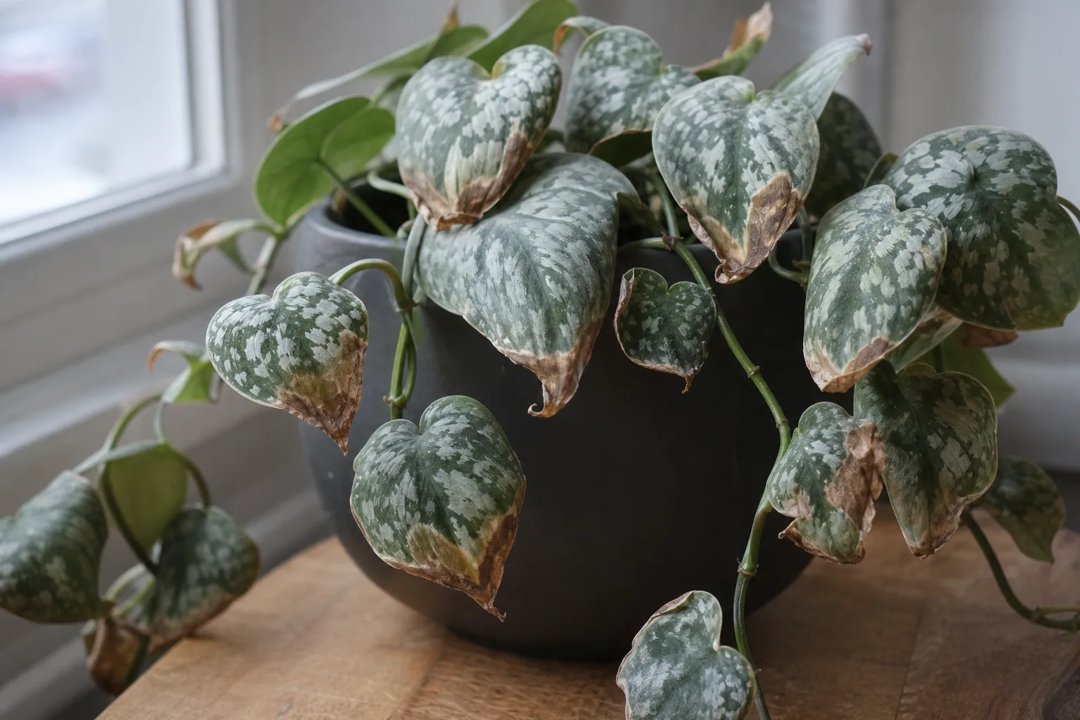 Scindapsus pictus satin pothos with crispy brown leaf tips from low winter humidity indoors