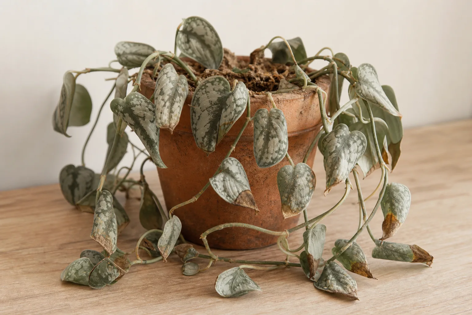 Scindapsus pictus satin pothos with inward-cupped leaves from dry soil and underwatering stress