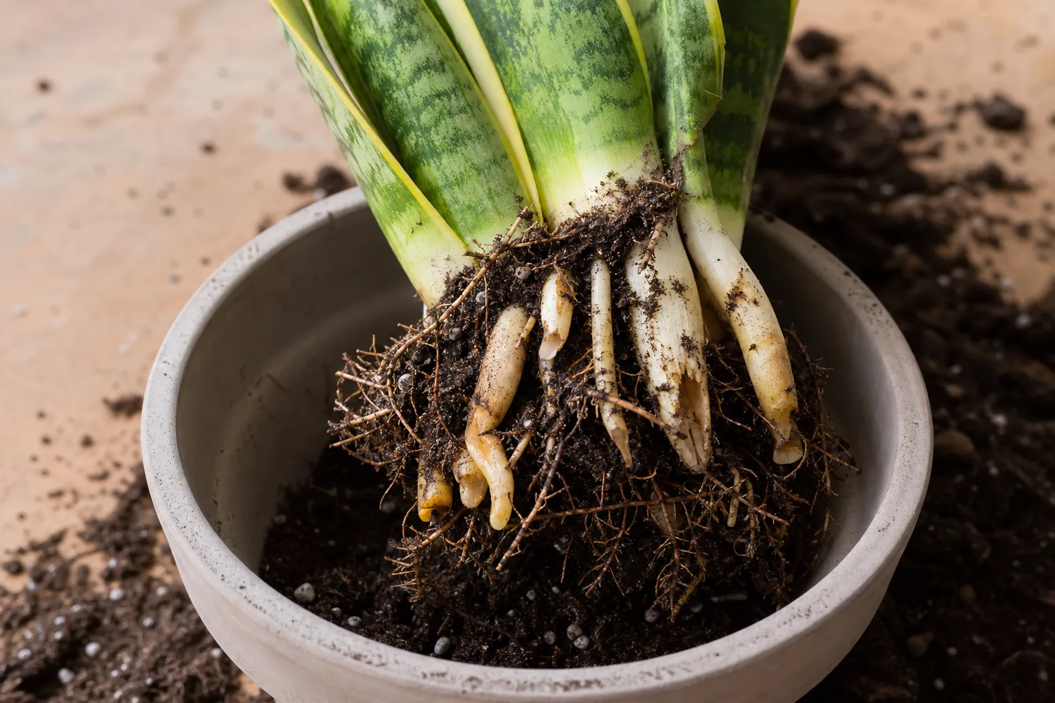 Damaged Roots on Snake Plant - visible symptom on the plant