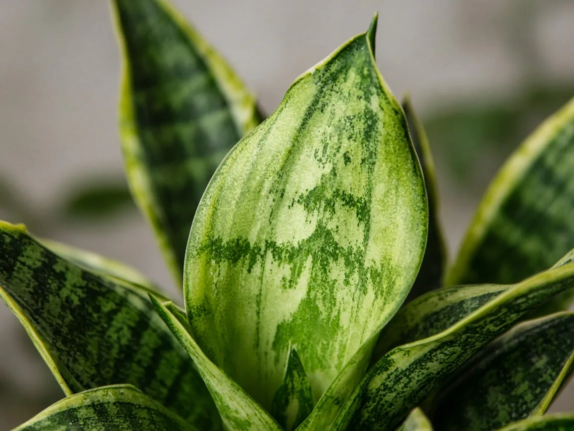Close-up of interveinal chlorosis on a new snake plant sword blade