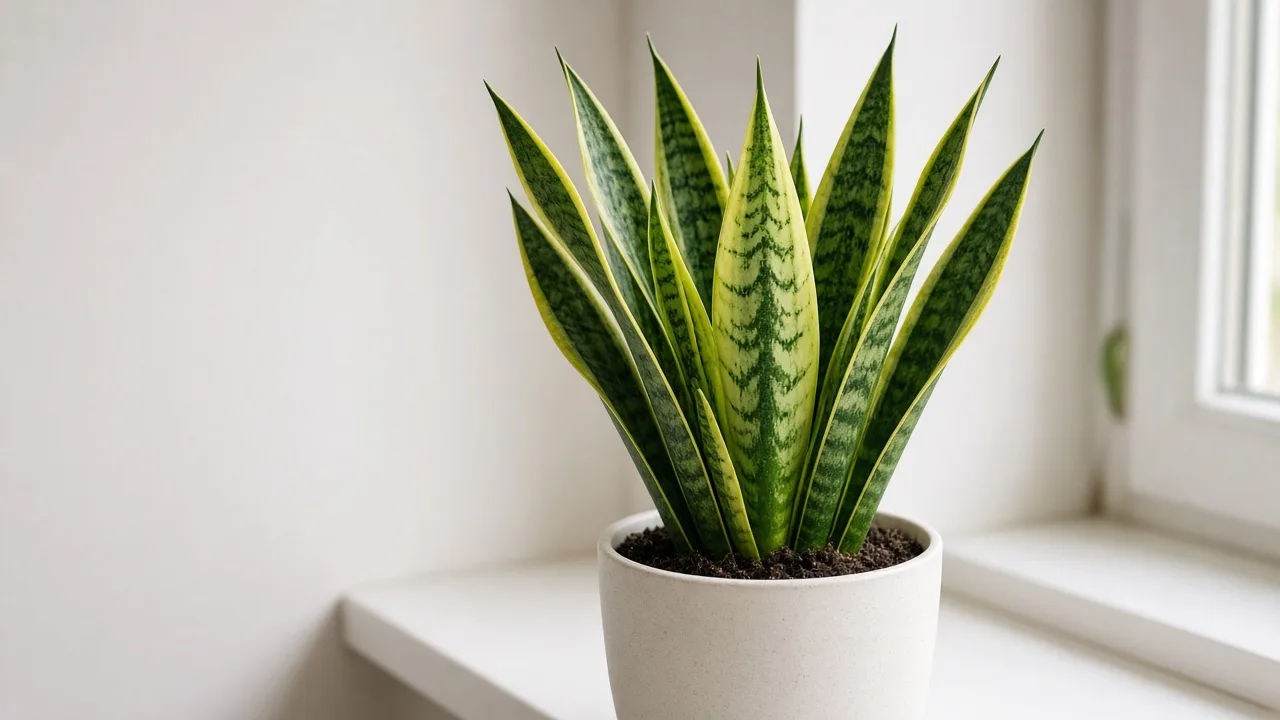 Iron deficiency on snake plant - pale new sword blade with green veins at rosette center