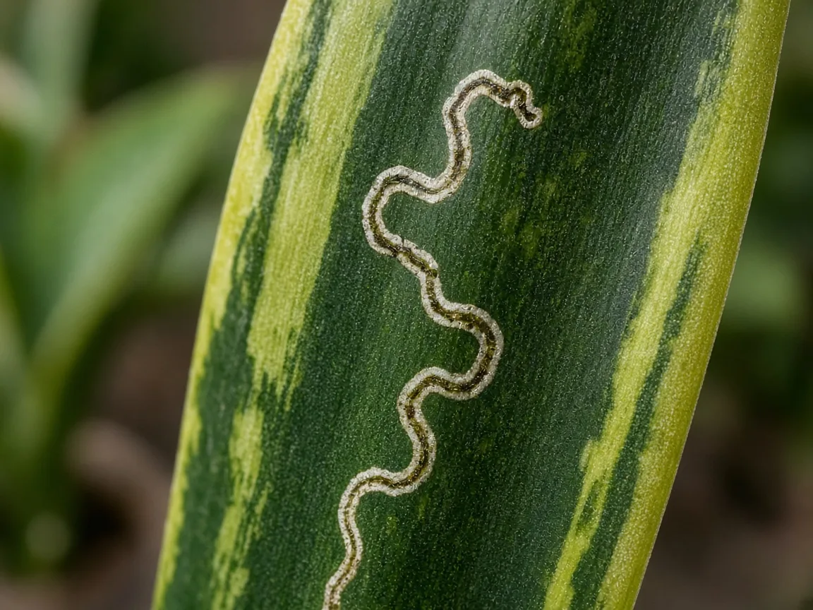 Close-up of leaf miner tunnel inside a snake plant sword blade