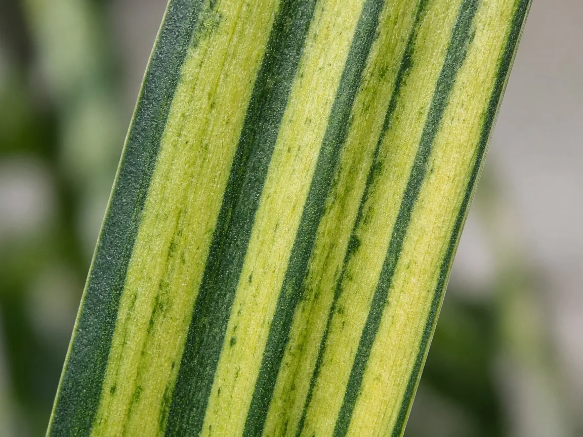 Close-up of interveinal chlorosis on an older snake plant sword blade