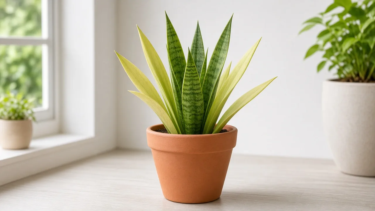 Nitrogen deficiency on Snake Plant - oldest outer sword blades uniformly pale yellow-green in an upright rosette