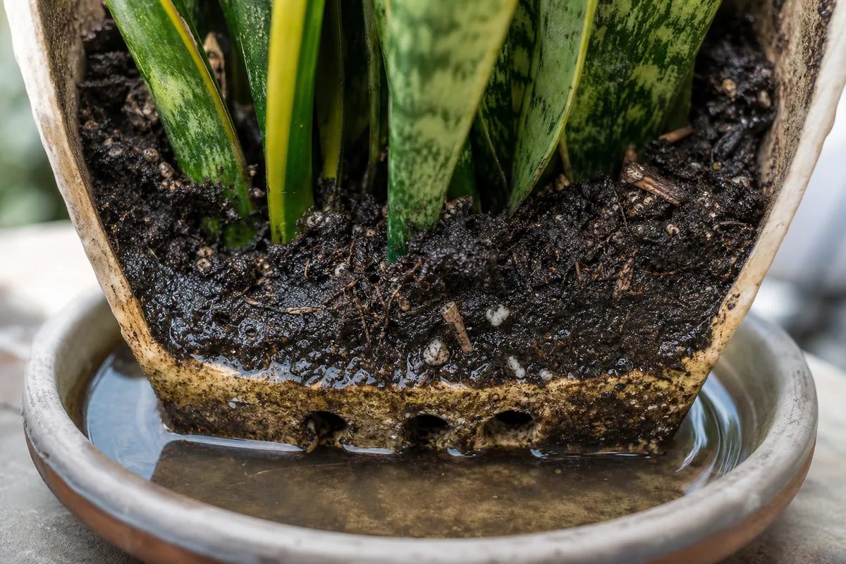 Close-up of Poor Drainage on Snake Plant - diagnostic detail
