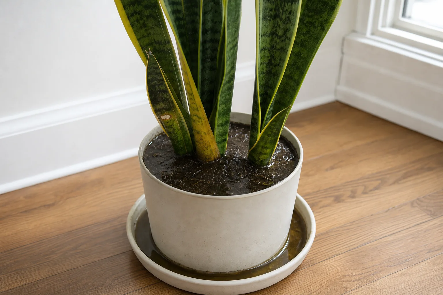 Poor Drainage on Snake Plant - visible symptom on the plant