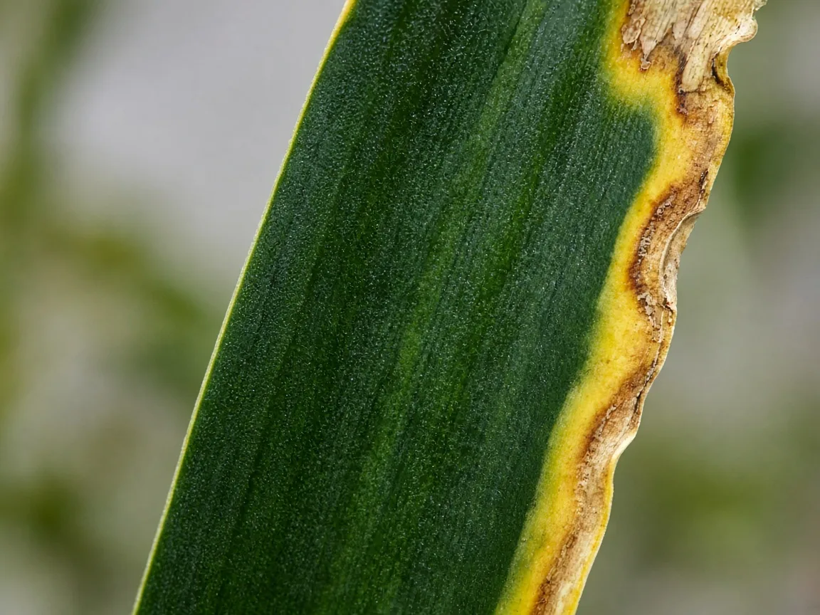 Close-up of brown scorched margins on an older snake plant sword blade