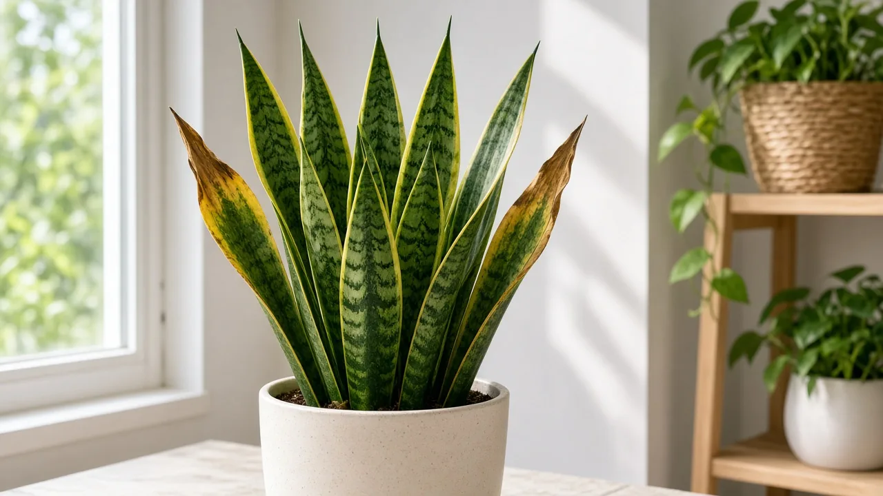 Potassium deficiency on snake plant - brown scorched margins on older outer sword blades in an upright rosette