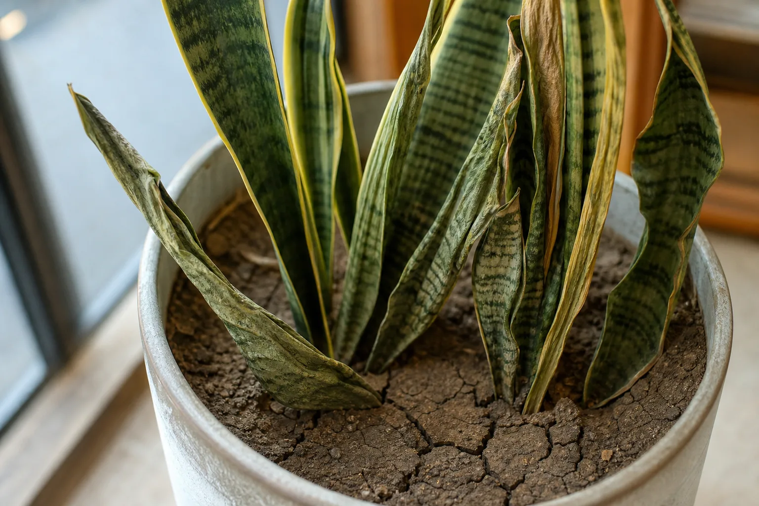 Underwatering on Snake Plant - visible symptom on the plant