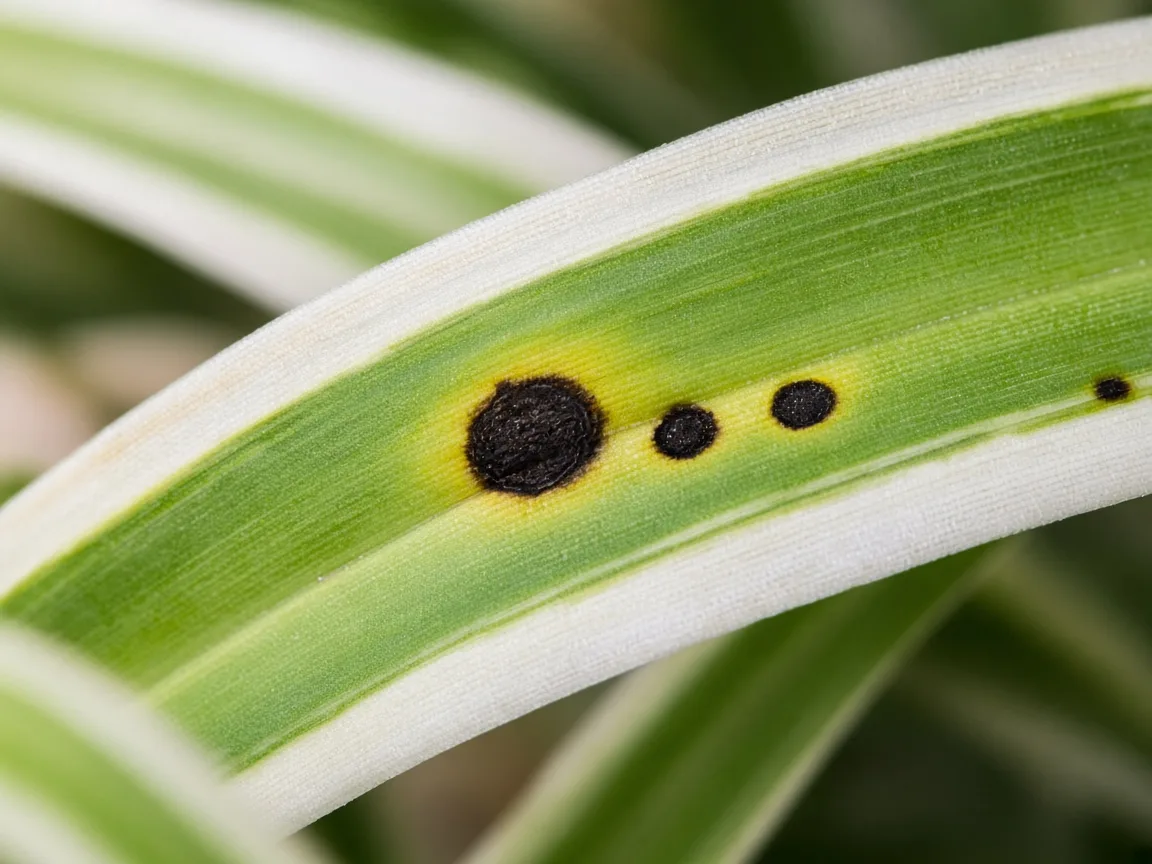 Close-up of black spots on Spider Plant strap leaves showing dark lesions with yellow halos