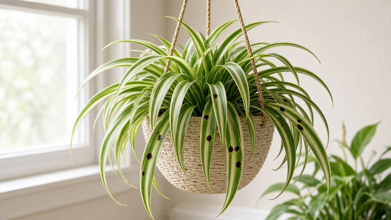 Black Spots on Spider Plant - dark lesions on arching strap-shaped leaves