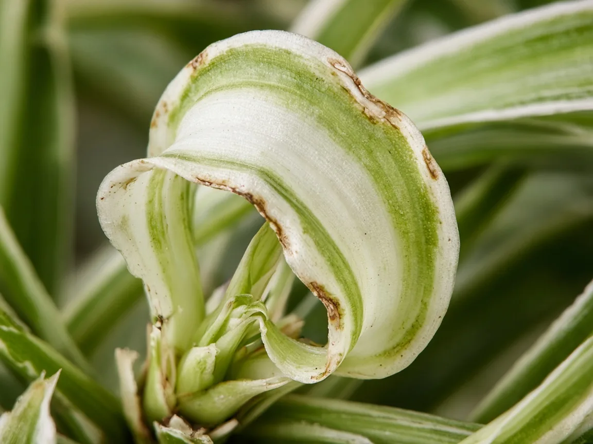 Close-up of cupped margin on a new spider plant arching strap leaf at the crown