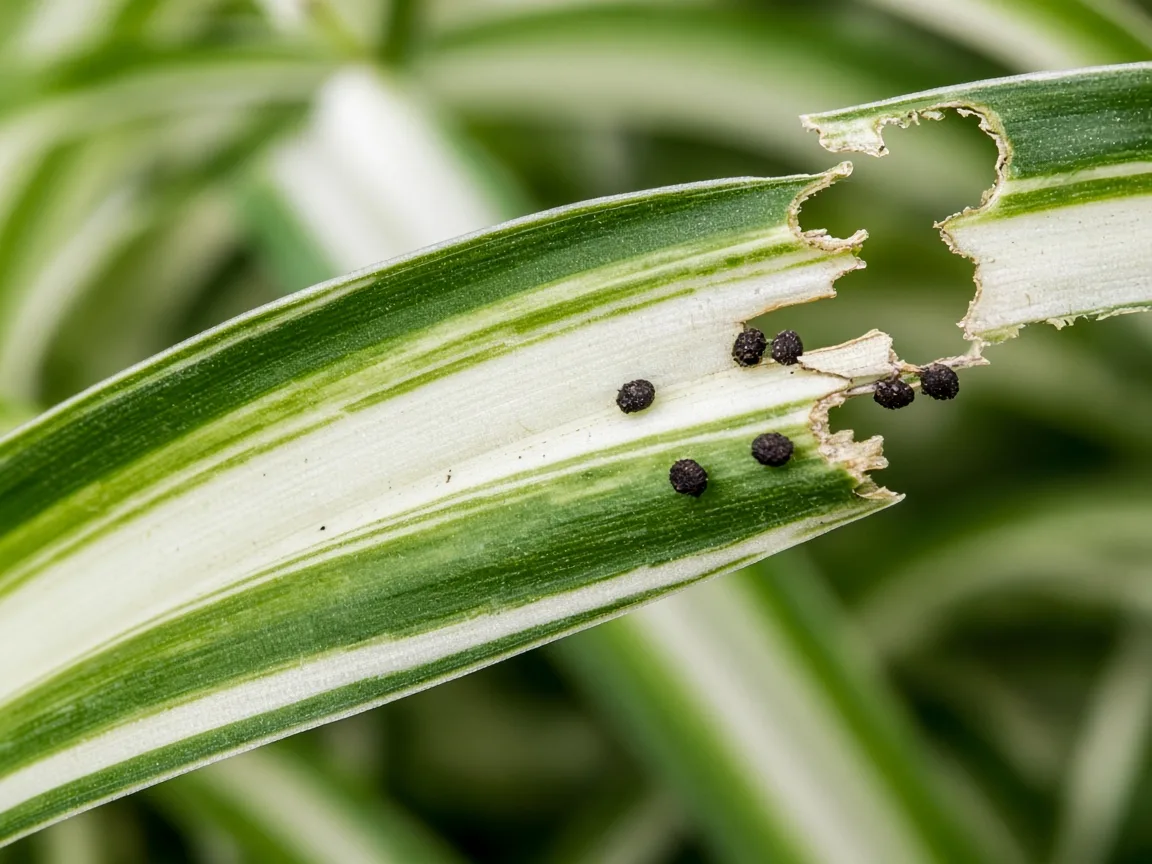 Close-up of caterpillar chew damage on Spider Plant - ragged leaf margin with dark frass pellets