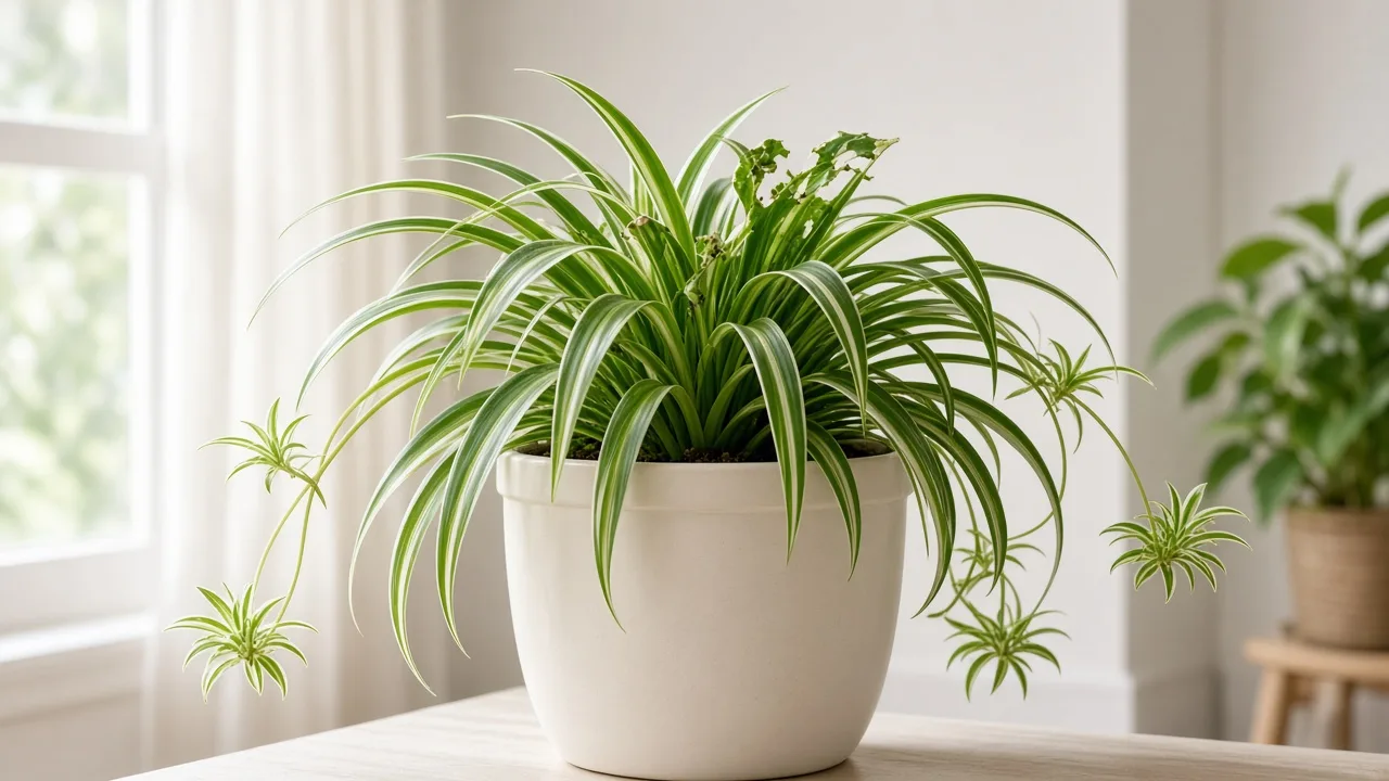 Caterpillars on Spider Plant - ragged chew holes on arching variegated leaves
