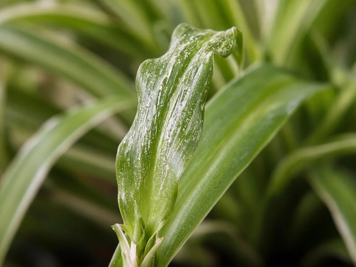 Close-up of distorted leaves on spider plant showing rippled narrow blade with silvery scarring at the crown