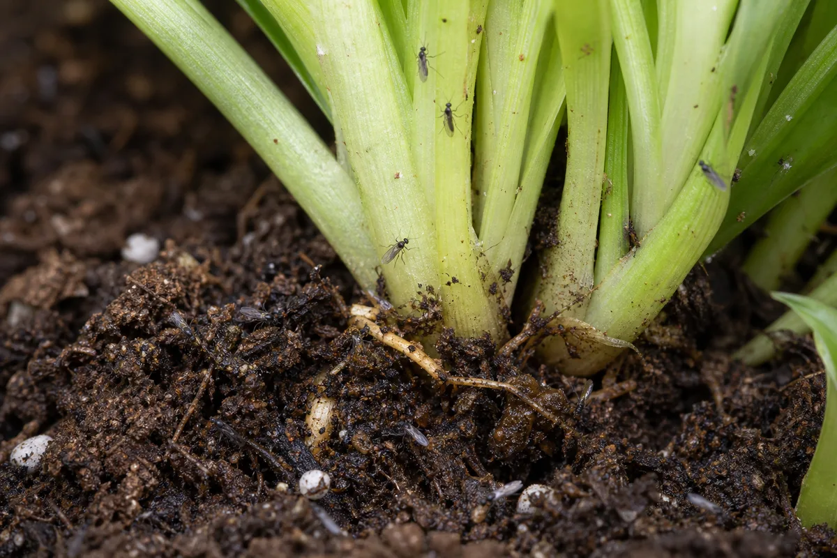 Close-up of Fungus Gnats on Spider Plant - diagnostic detail