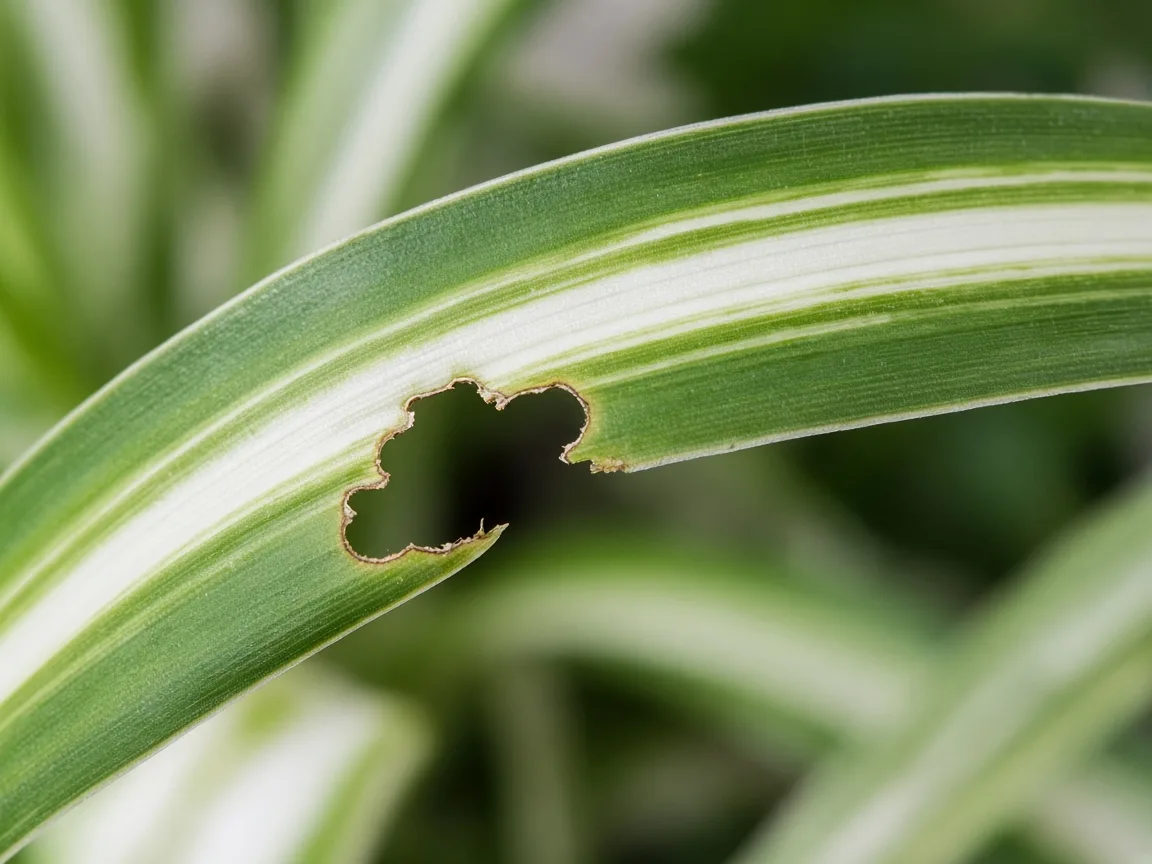 Close-up of holes in Spider Plant leaves - ragged chew damage on arching variegated strappy blade
