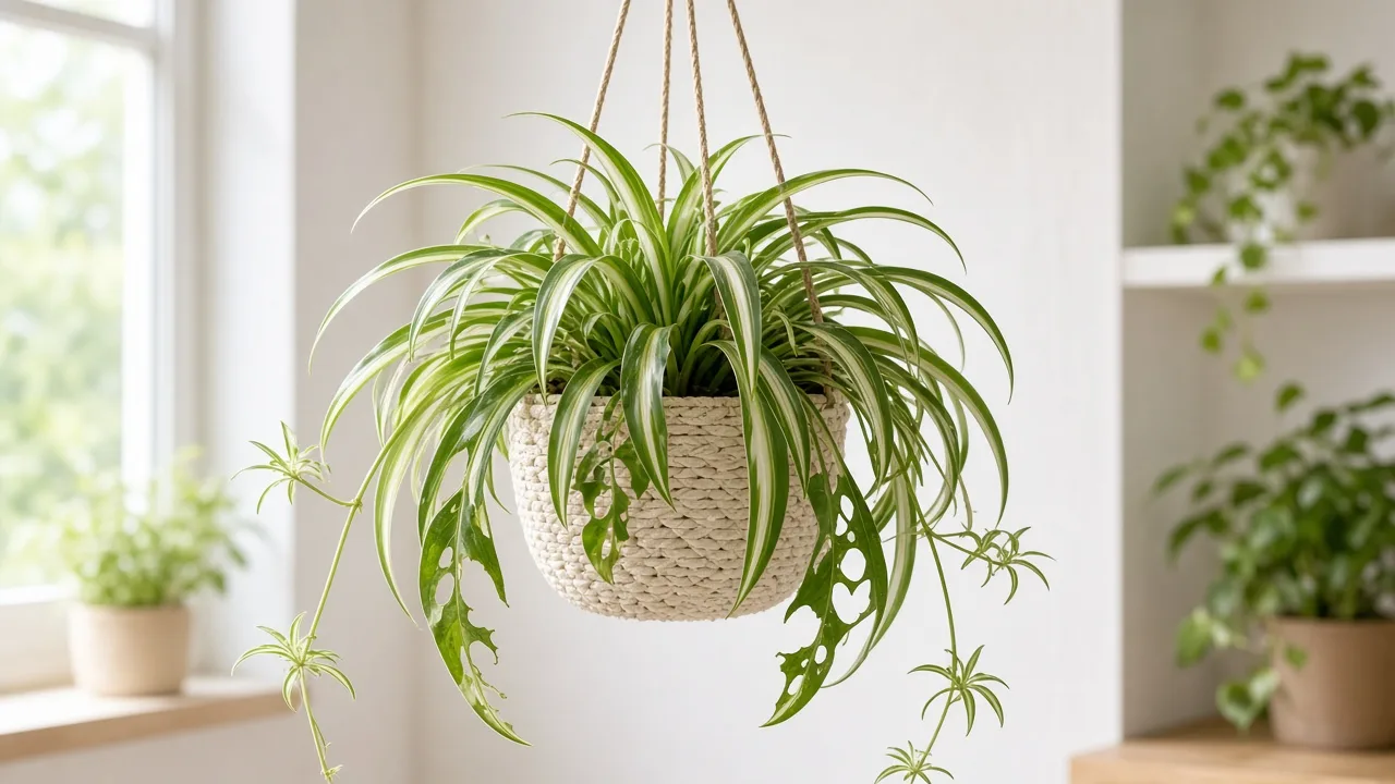 Holes in leaves on Spider Plant - ragged chew damage on arching variegated strappy foliage in a hanging basket