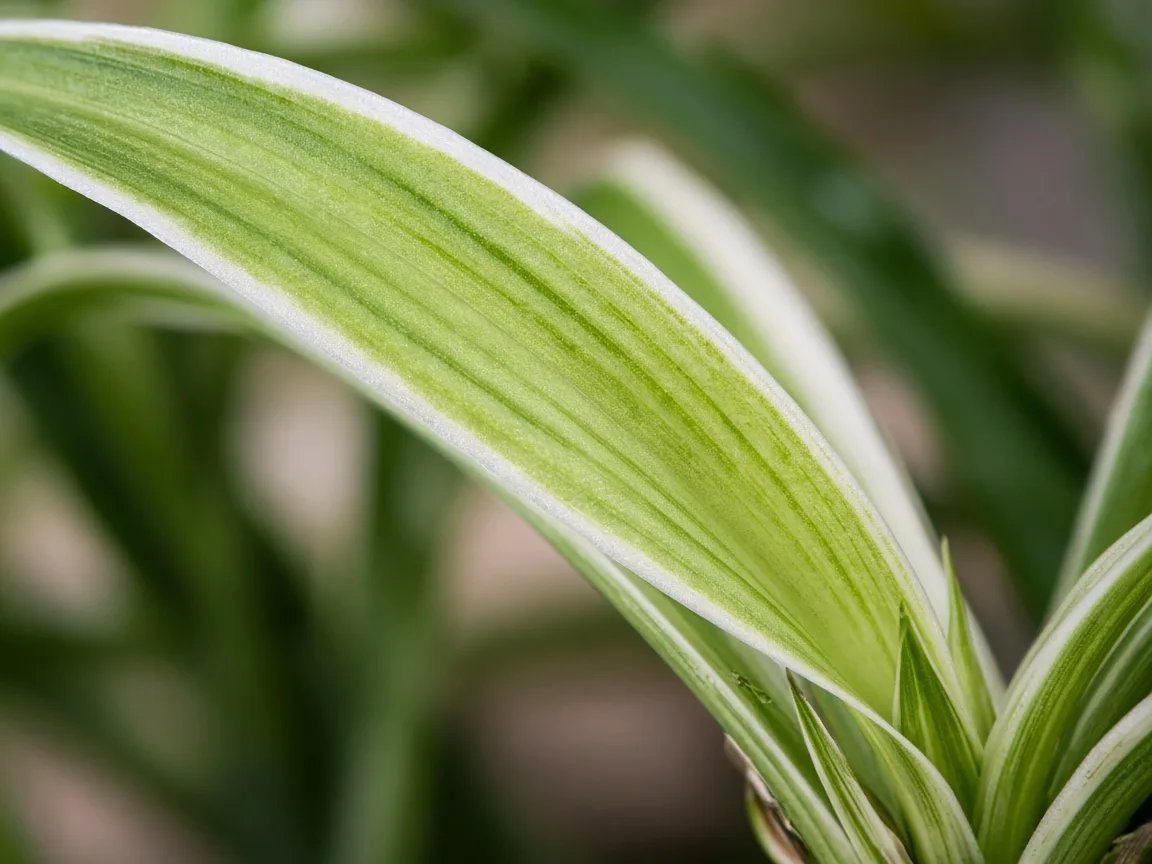 Close-up of interveinal chlorosis on a new spider plant strap leaf
