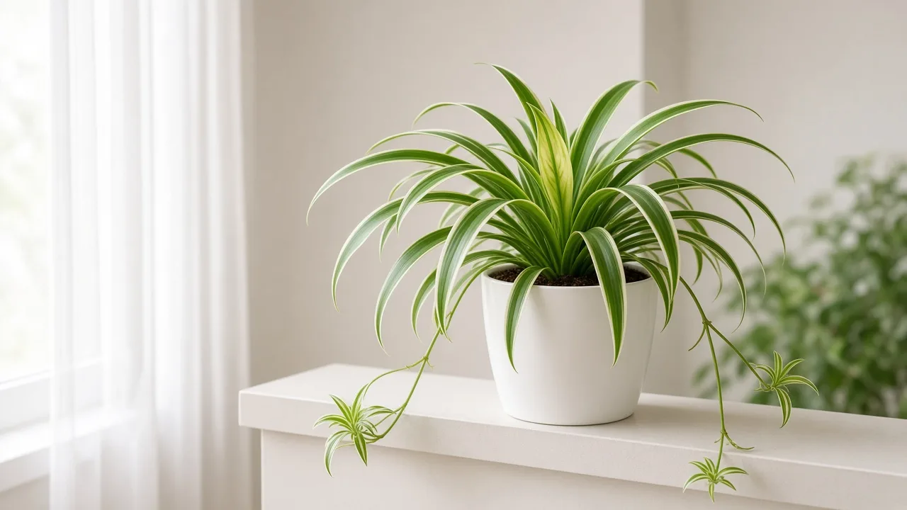 Iron deficiency on spider plant - pale new arching strap leaf with green veins at crown center