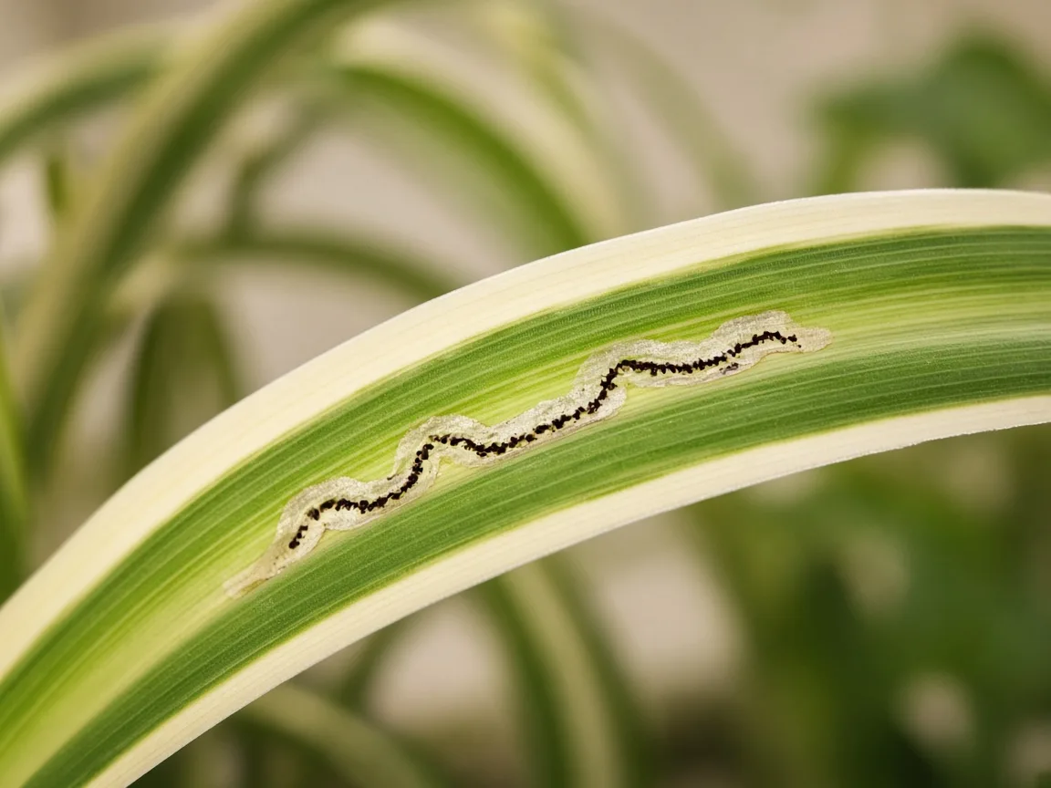 Close-up of leaf miner tunnels on Spider Plant - pale serpentine mine visible when backlit through arching grass-like leaf