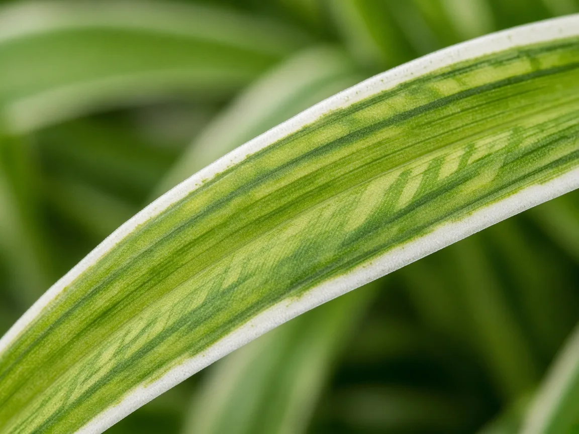 Close-up of interveinal chlorosis on an older spider plant strap leaf