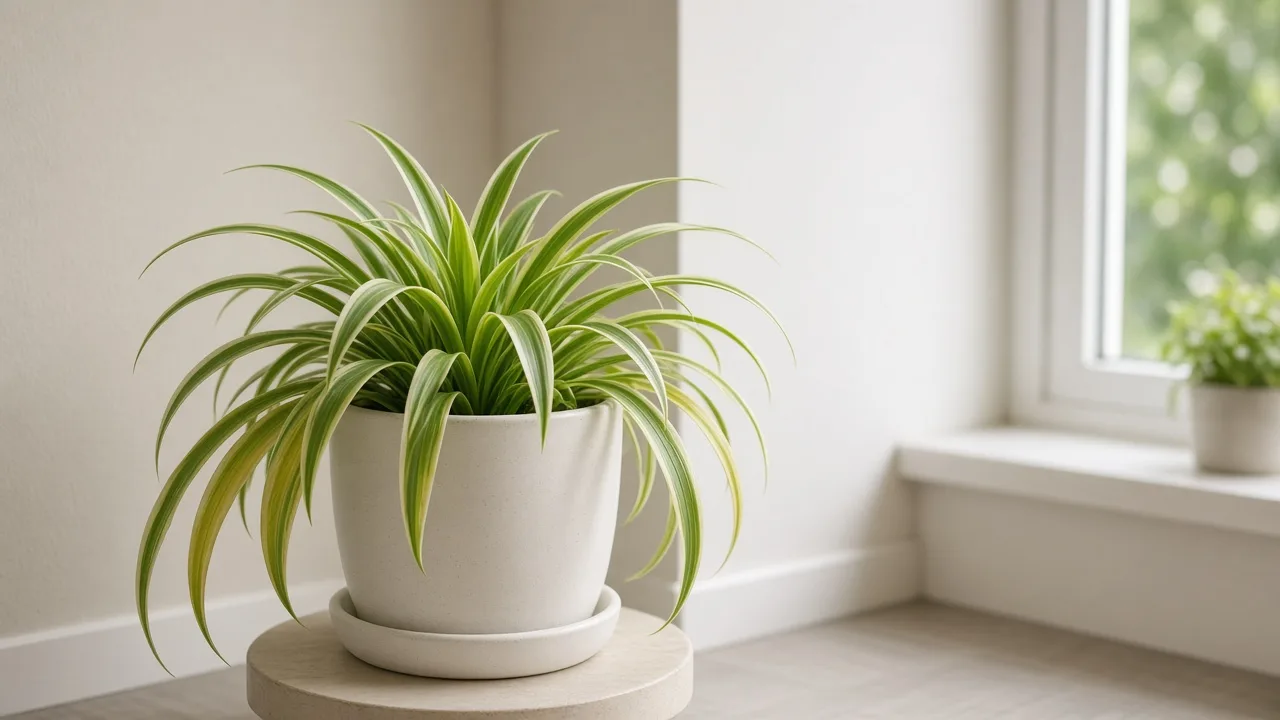 Magnesium deficiency on spider plant - yellow between green veins on older arching strap leaves at rosette base