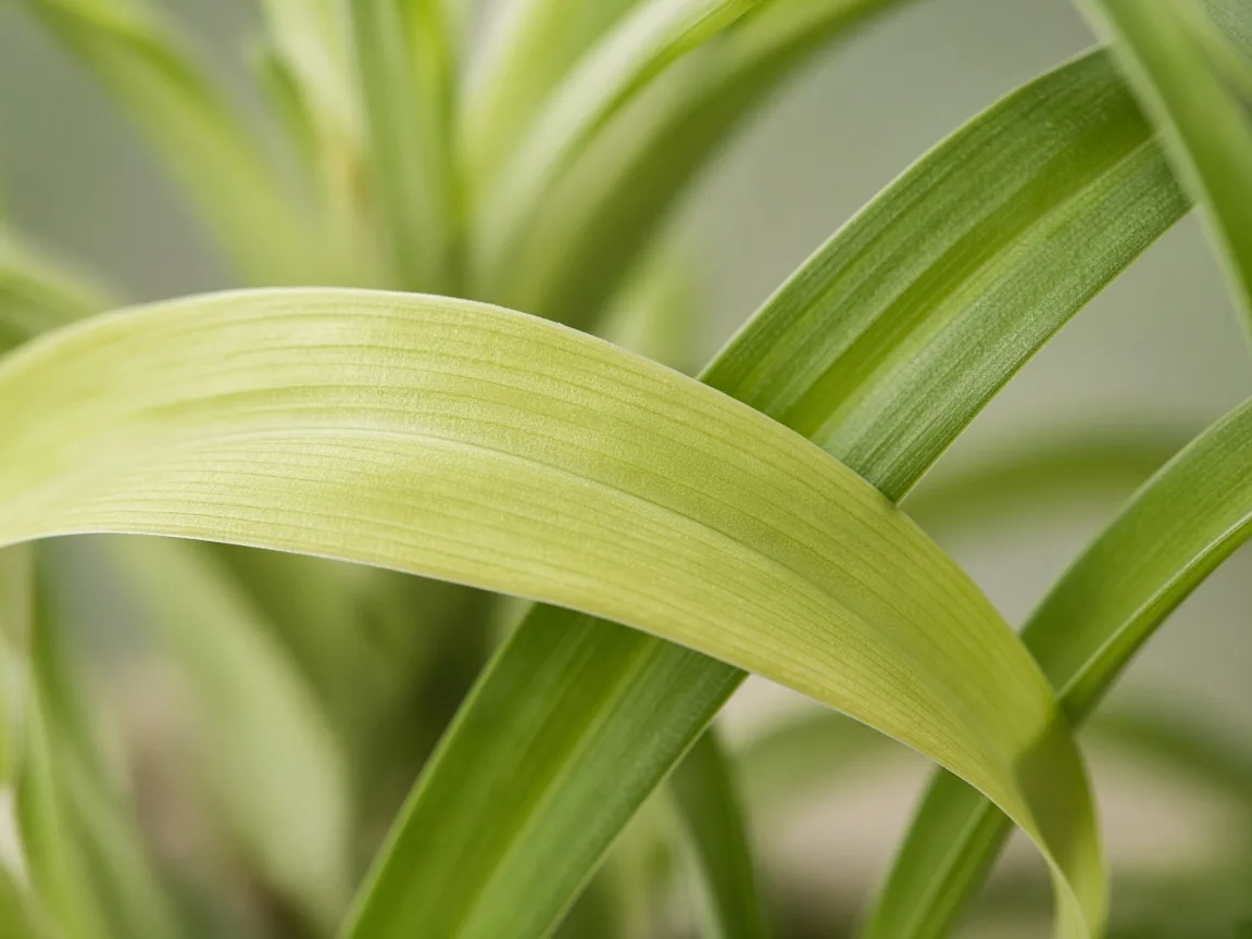Close-up of nitrogen deficiency on spider plant - uniform pale yellow-green on oldest lower arching strap leaf