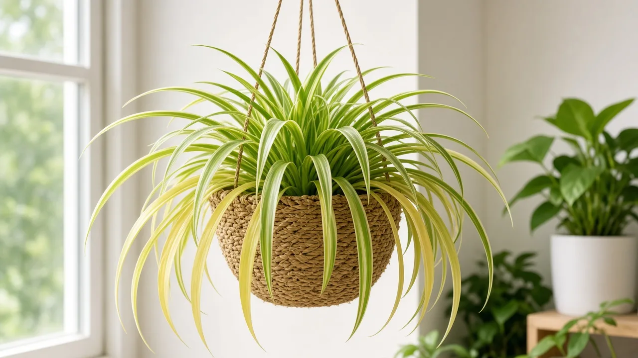 Nitrogen deficiency on spider plant - oldest lower arching strap leaves uniformly pale yellow-green in hanging basket
