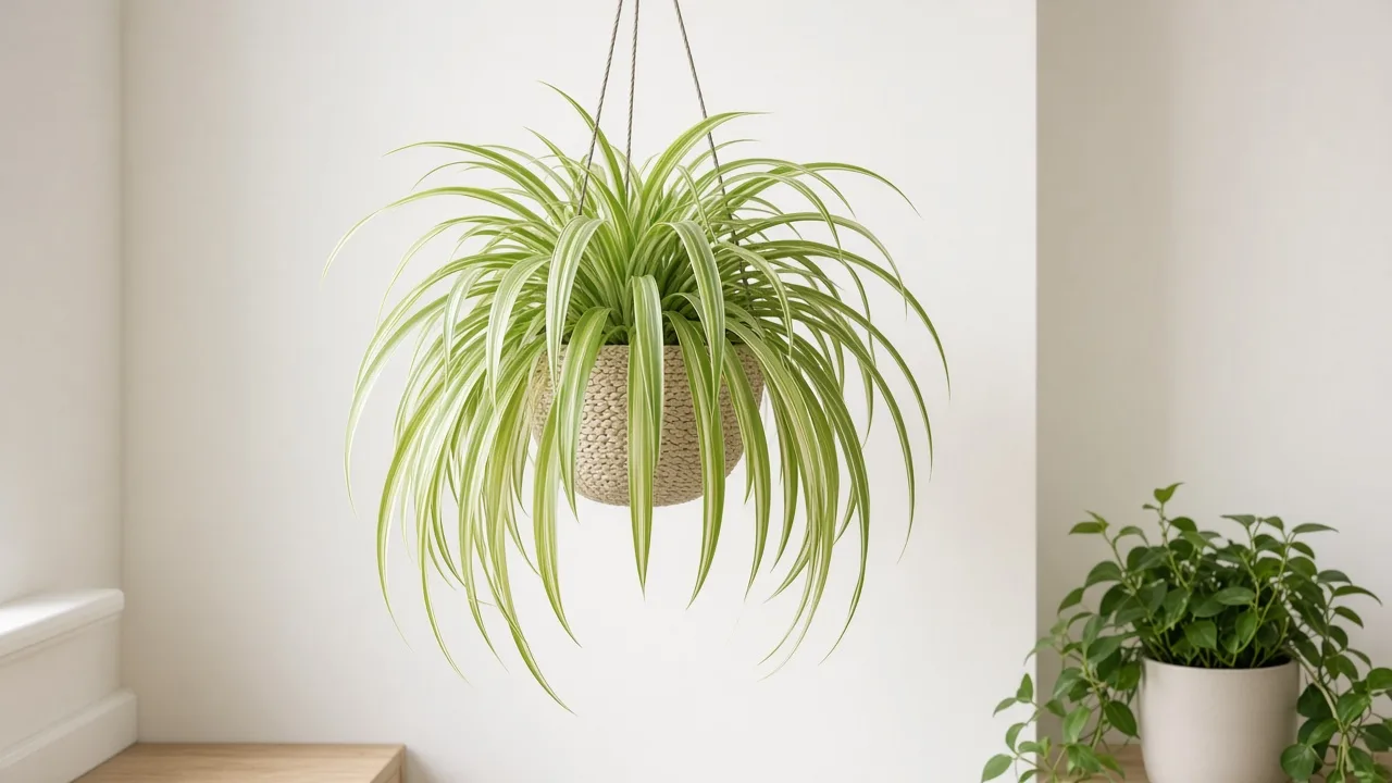 Pale leaves on Spider Plant - washed-out variegated arching strap foliage in hanging basket