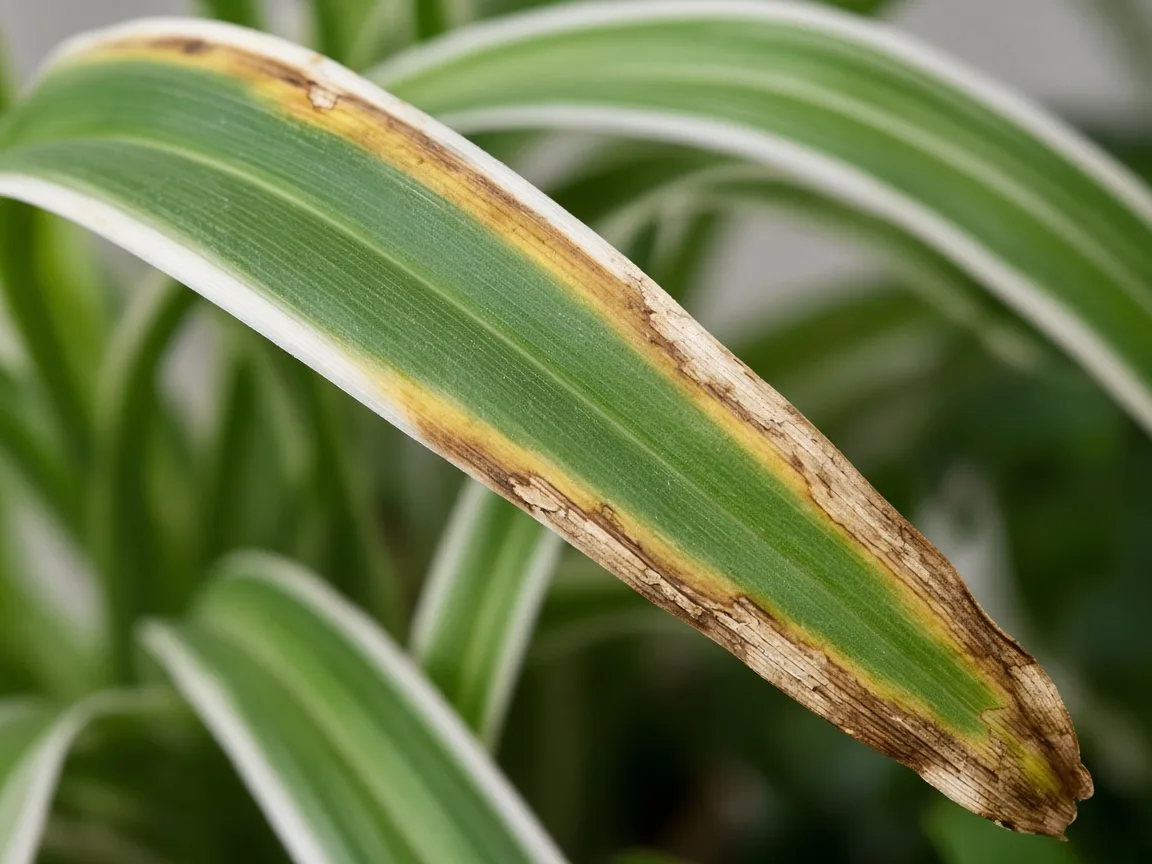 Close-up of brown scorched margins on an older spider plant arching strap leaf