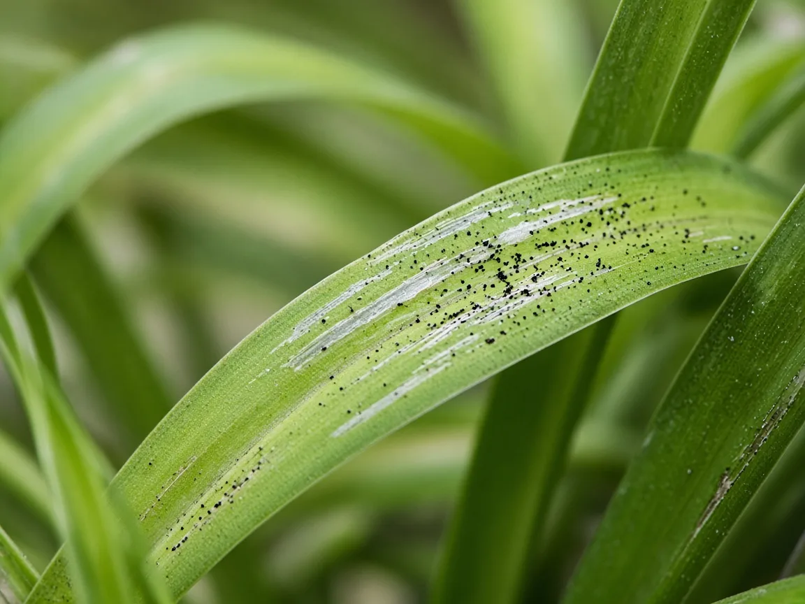 Close-up of thrips scrape marks on Spider Plant - silvery streaks and black frass on a narrow arching leaf