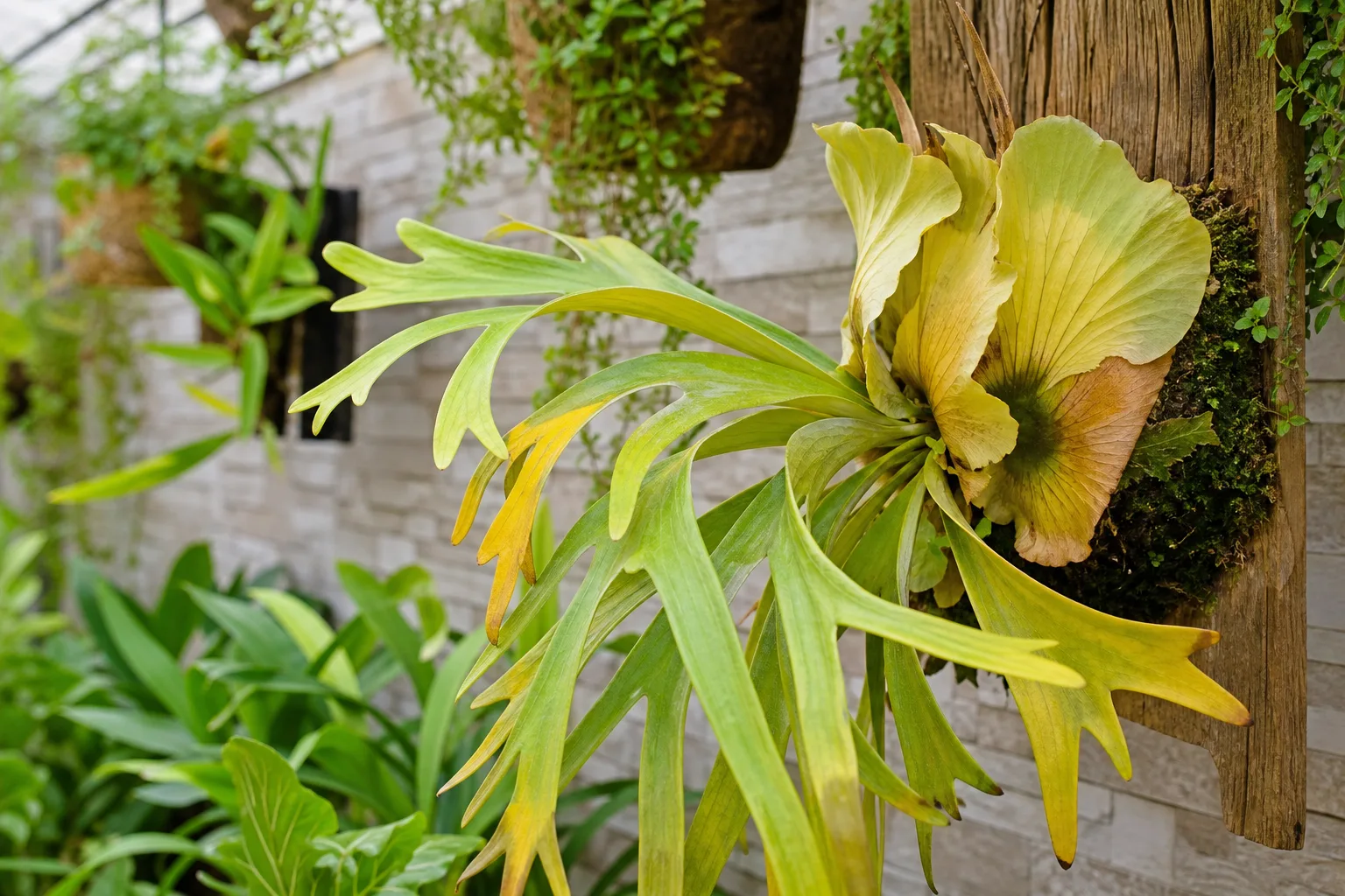Yellow antler fronds on staghorn fern indicating moisture or light stress