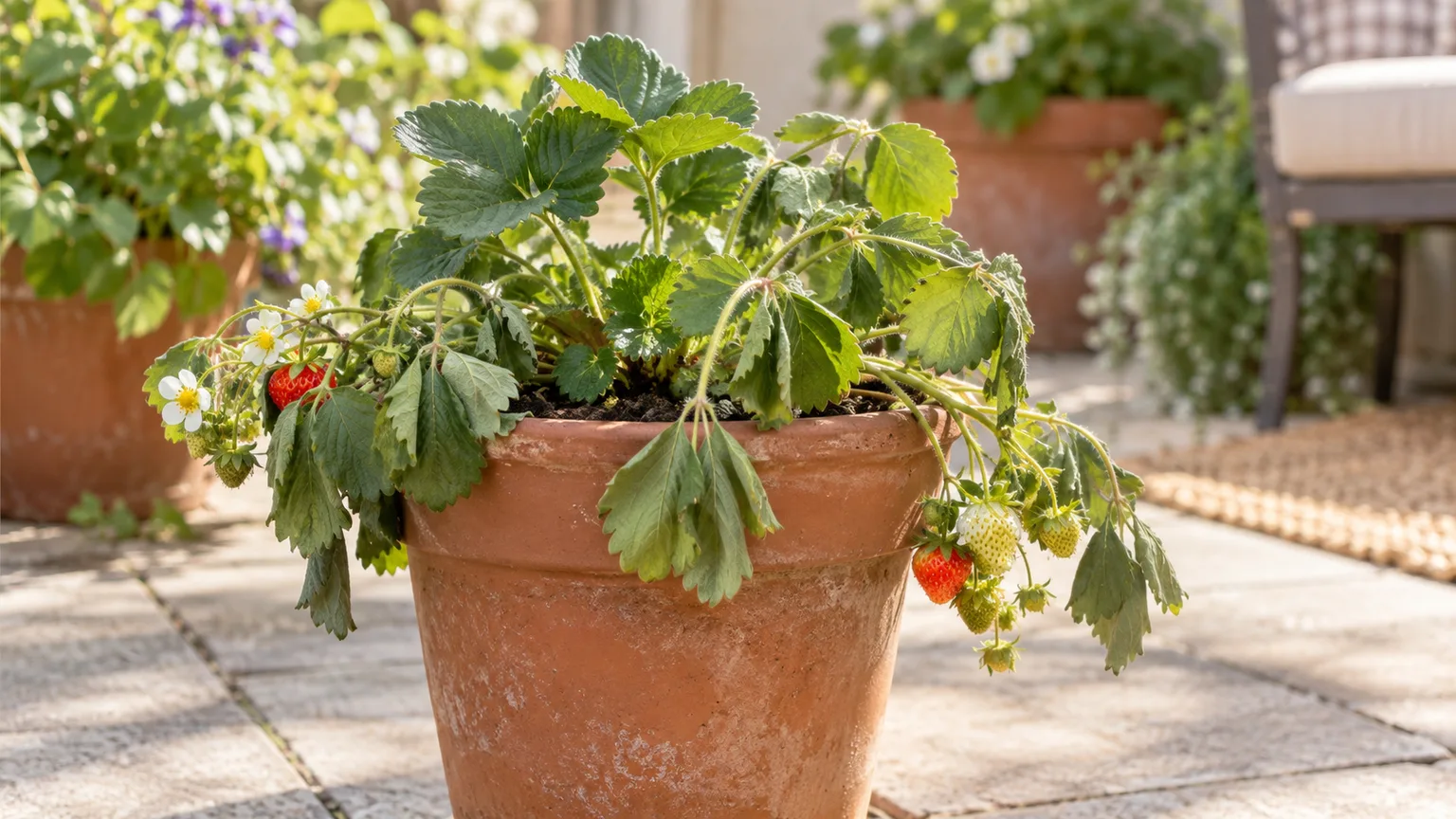A potted strawberry plant with green leaves and flower stems drooping from water stress
