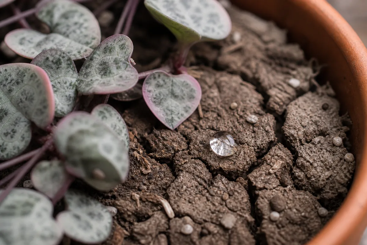 Close-up of Dry Hydrophobic Soil on String of Hearts - diagnostic detail