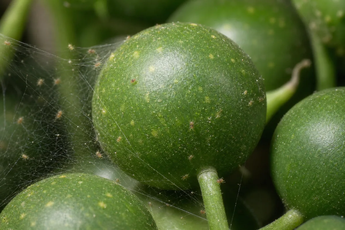 Close-up of Spider Mites on String of Pearls - diagnostic detail