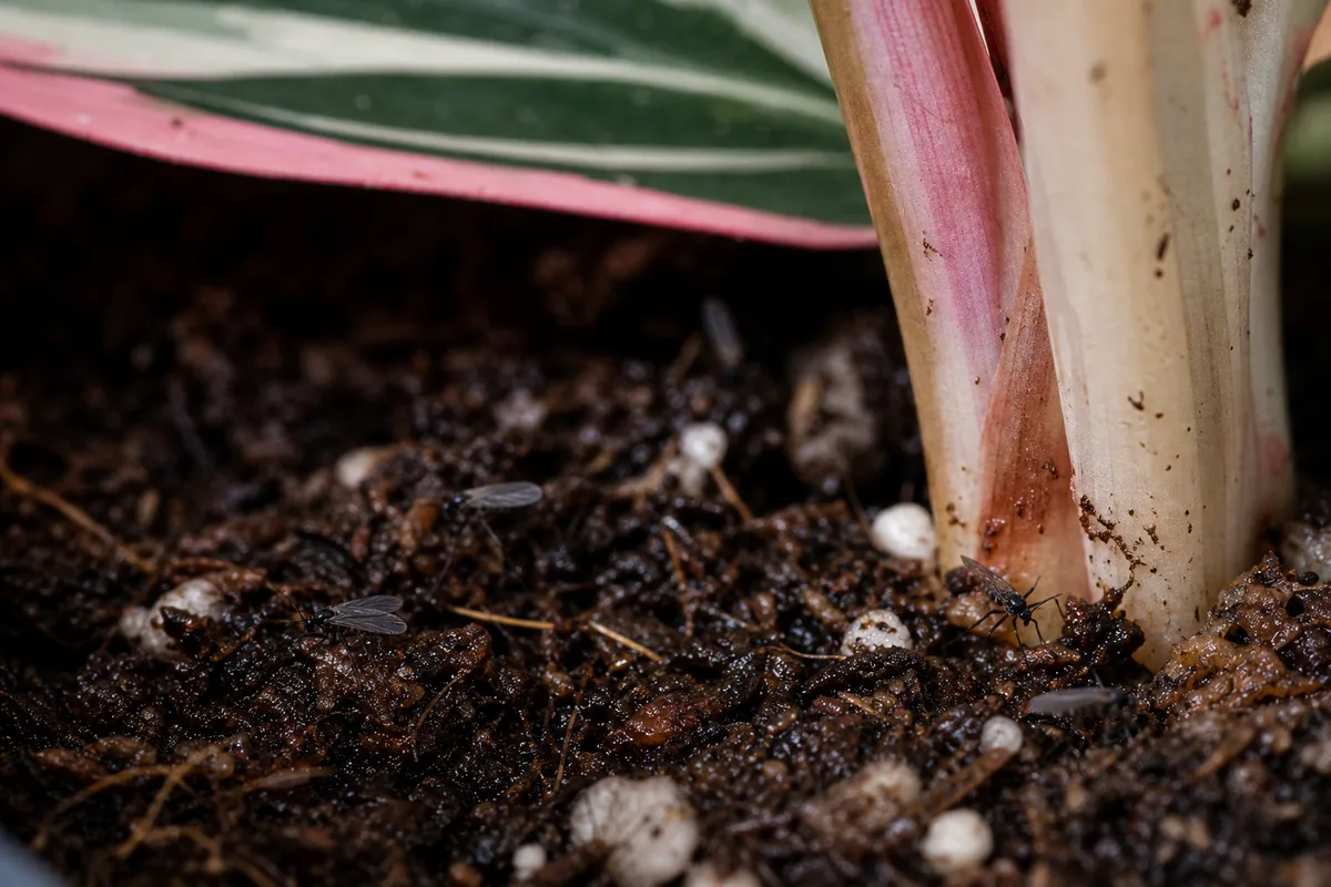 Close-up of Fungus Gnats on Stromanthe Triostar - diagnostic detail