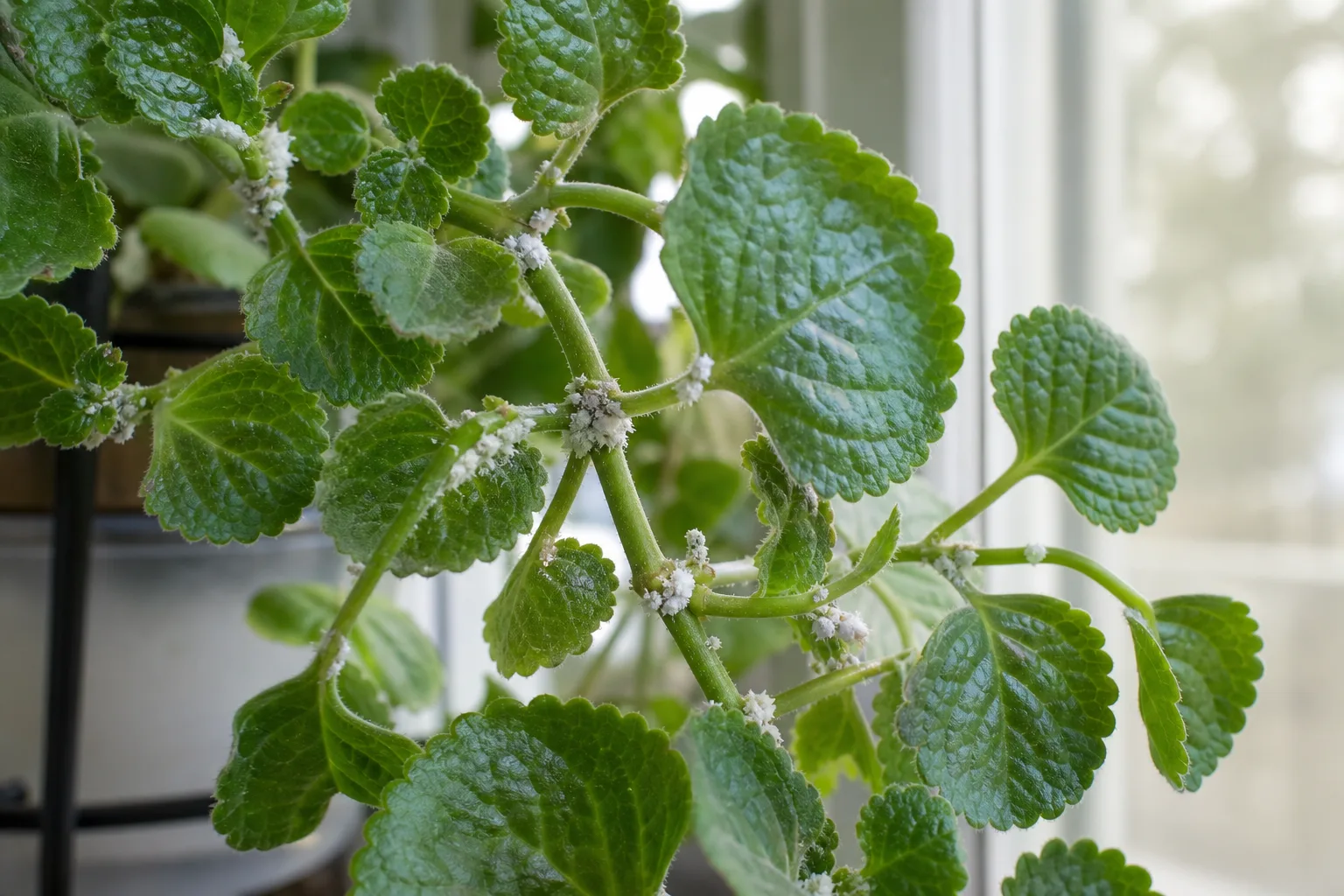Cottony mealybugs clustered on a Swedish ivy stem