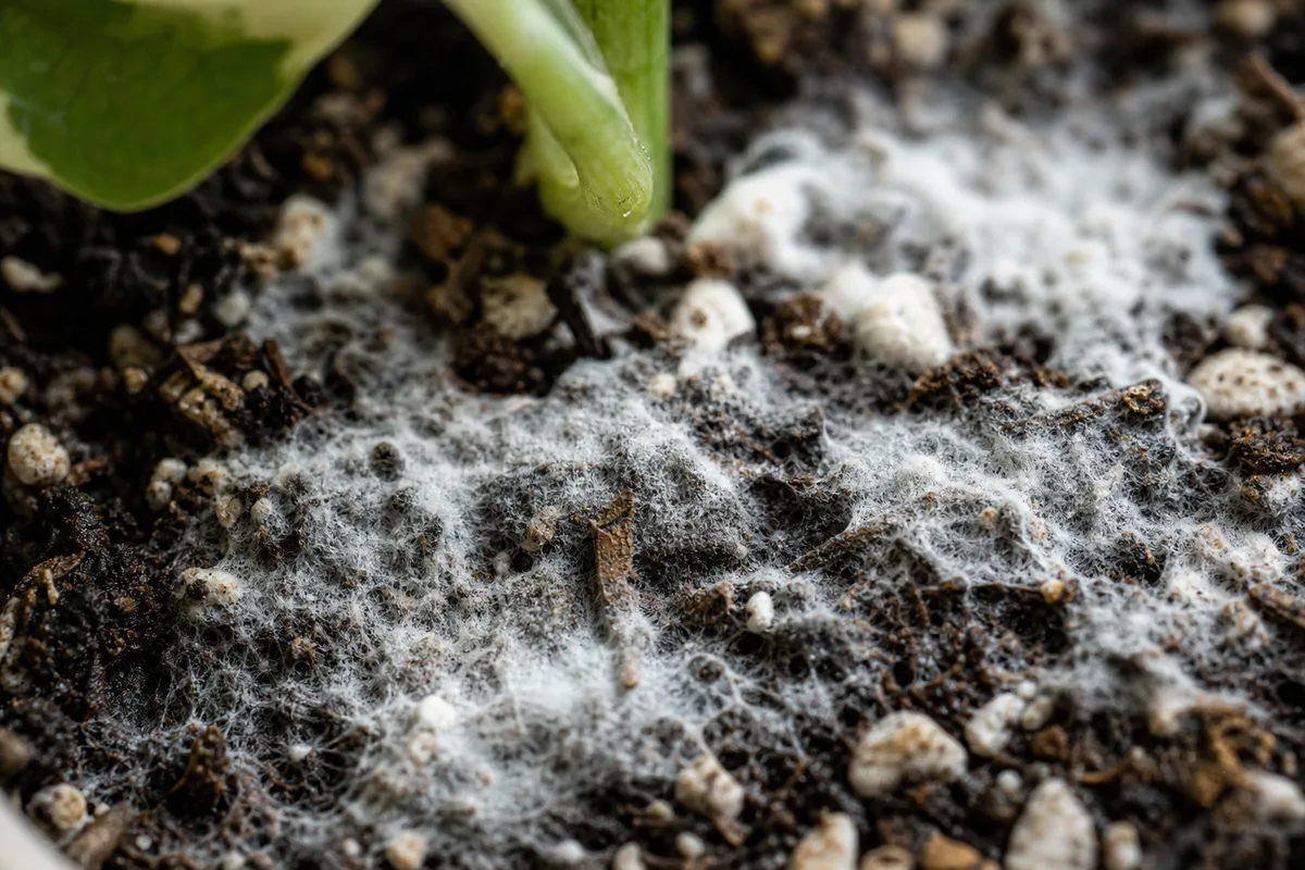 Close-up of Mold on Soil on Syngonium Albo - diagnostic detail