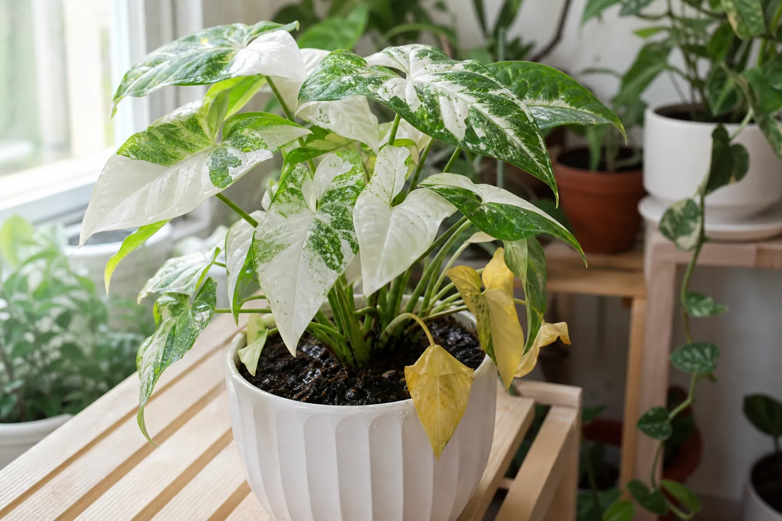 Overwatering on Syngonium Albo - visible symptom on the plant