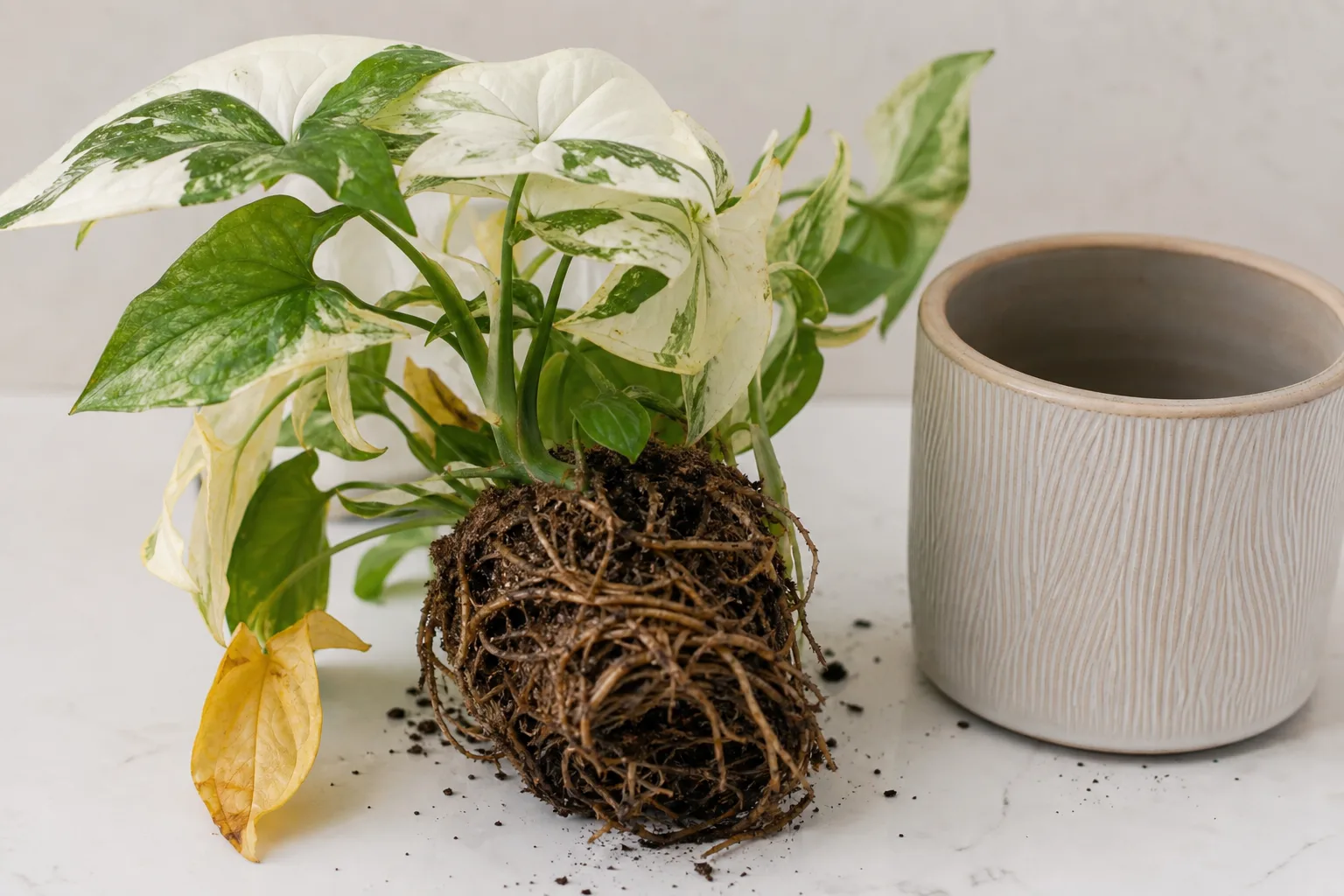 Root Rot on Syngonium Albo - visible symptom on the plant