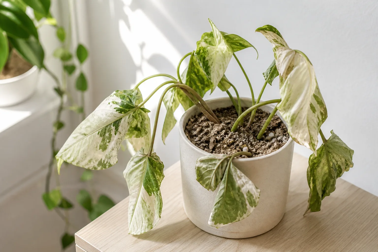 Underwatering on Syngonium Albo - visible symptom on the plant