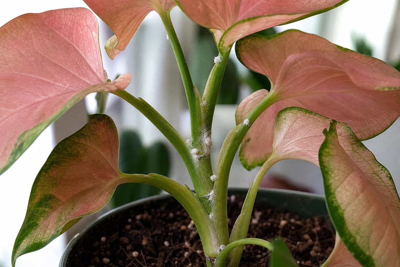 Mealybugs on Syngonium Neon Robusta - visible symptom on the plant