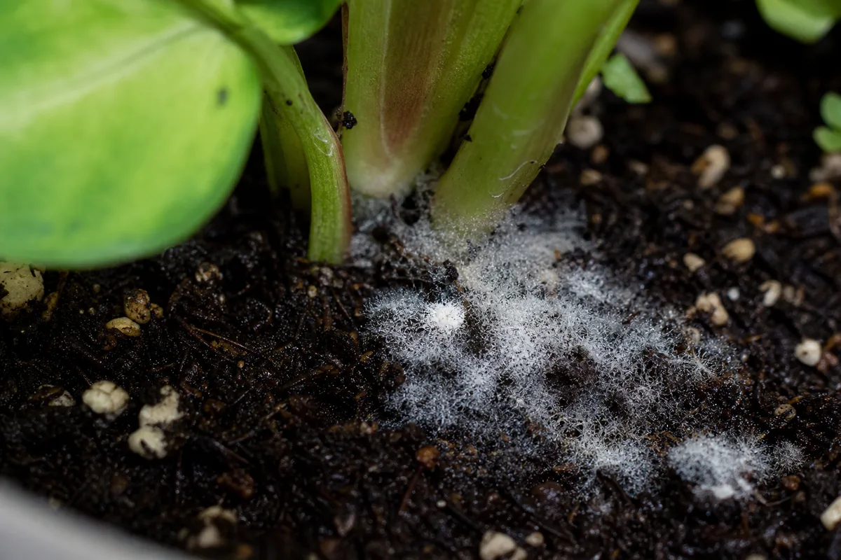 Close-up of Mold on Soil on Syngonium Neon Robusta - diagnostic detail