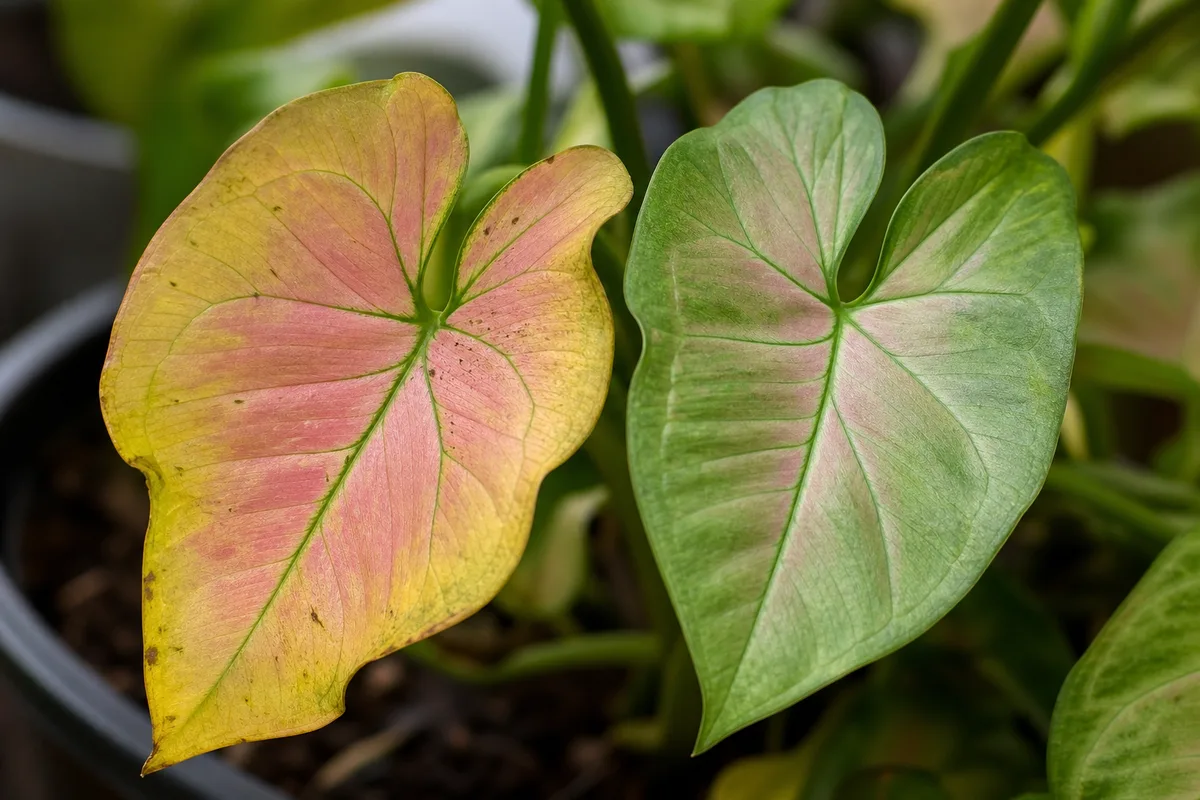 Close-up of Yellow Leaves on Syngonium Neon Robusta - diagnostic detail